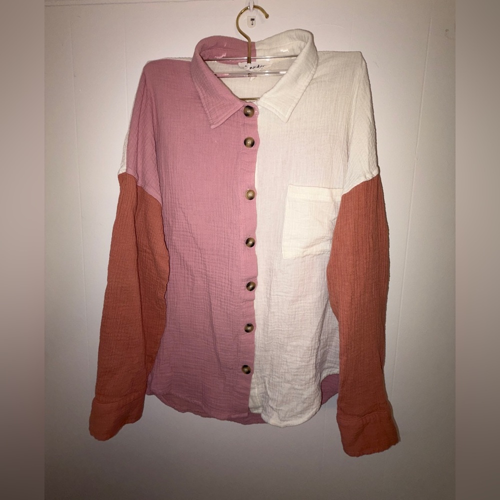 Heyday Colorblock Button‎ Down Top Womens Size M Pink Cream Gauzy Relaxed Office
